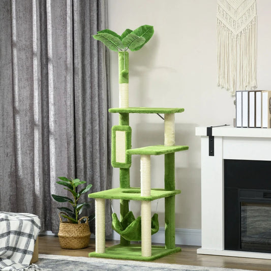 KFX-7712701 Multifunctional Indoor Cat Tower with Hammock and Scratching Posts in Green