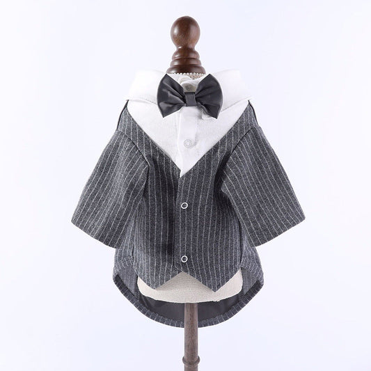 KFX-7742397 Light Gray and Navy Blue Dog Suit Dress - Stylish Gentleman Outfit for Weddings and Special Occasions