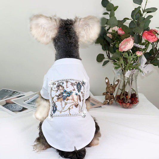 KFX-7750333 Schnauzer Summer T-shirt with White Horse and Diamond Inlays, Cotton Material