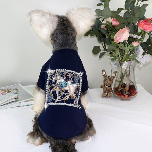 KFX-7750333 Schnauzer Summer T-shirt with White Horse and Diamond Inlays, Cotton Material