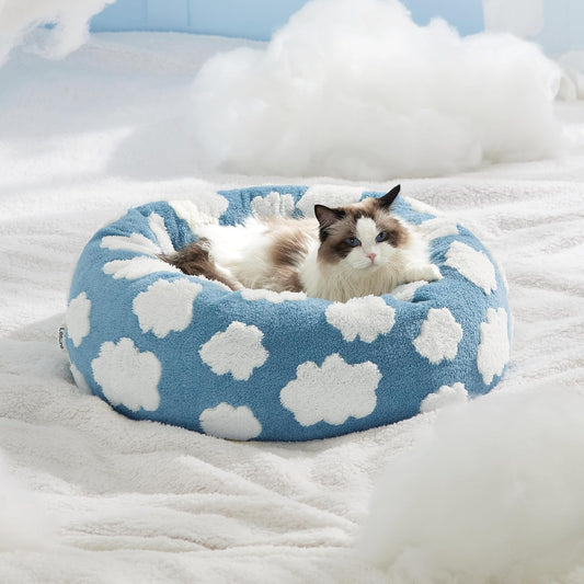 KFX-7828285 Cozy Calming Cat Bed - Round Donut Design with Shaggy Plush and Anti-Slip Base for Indoor Cats