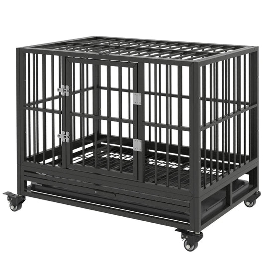 KFX-7836221 Heavy Duty Metal Dog Crate with Lockable Wheels, Double Doors, and Removable Tray - Gray