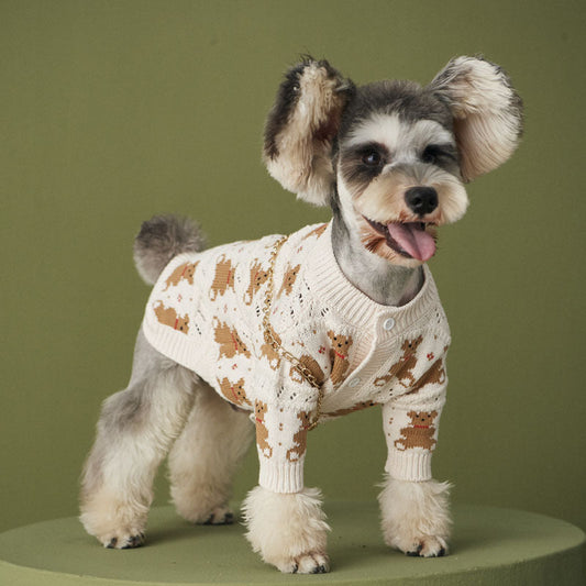 KFX-7846077 Cute Casual Wool Sweater for Pomeranians - Beige Bear Design, Various Sizes Available