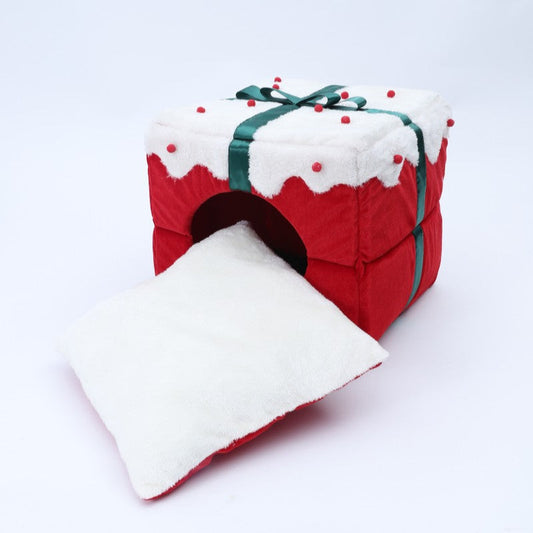 KFX-7853885 Cozy Enclosed Dual-Use Christmas Cat Bed with Jingle Bell and Plush Fabric