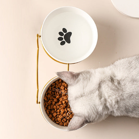 KFX-7877053 Ceramic Cat and Dog Bowl with Cat Ear Iron Frame in Pure White and Unique Designs
