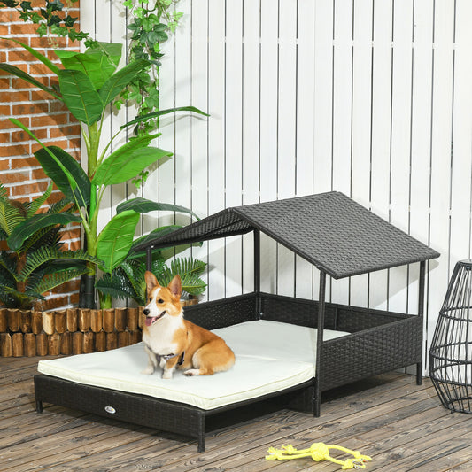 KFX-7918013 Extendable Wicker Dog Bed with Waterproof Canopy and Soft Cushion for Small to Medium Dogs
