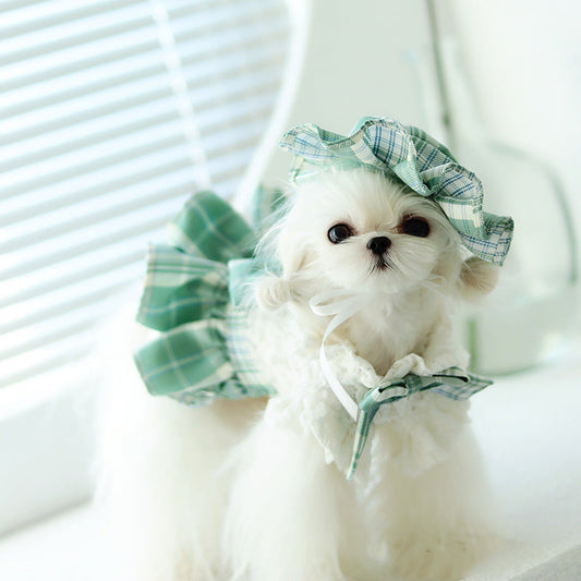 KFX-7932477 Lace Plaid Dress for Dogs and Cats with Big Bow and Pleated Design in Green and Purple