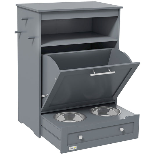 KFX-7994429 Pet Feeder Station with Storage, Raised Bowl, and Hooks for Supplies - Grey