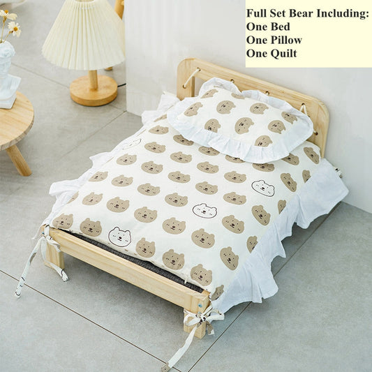 KFX-8000445 Solid Wood Cat Bed with Cozy Mattress and Pillow - Available in Bear and Floral Styles