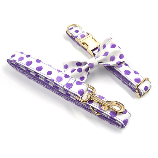 KFX-8017469 Purple Polka Dot Dog Collar and Leash Set with Bow, Ideal for Weddings and Parties