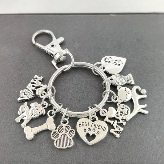 KFX-8026045 Dog Paw and Fish Footprints Metal Key Ring for Pet Lovers