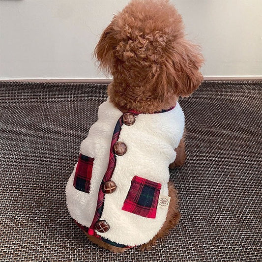 KFX-8042301 Cozy Two-Piece Coral Velvet Dog Vest Sweater Coat with Scarf in White and Navy Blue