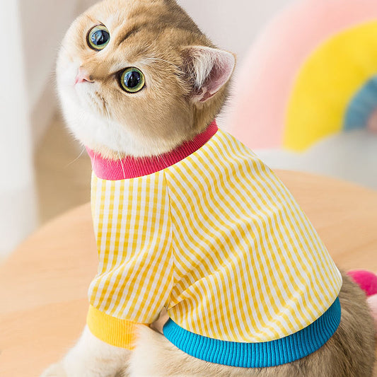 KFX-8062525 Plaid Cotton T-Shirt for Cats - Casual Yellow Design, Sizes XS to XXL