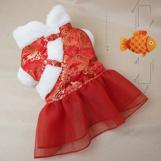 KFX-8087613 Festive Thick Cotton Warm Skirt for Dogs in Koi Red and Pink Options