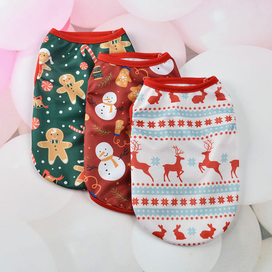 KFX-8093117 Festive Cartoon Pet Vest for Dogs and Cats - Elk and Snowman Print in Red, White, and Green