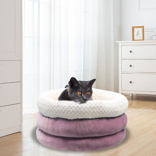KFX-8116029 Semi-closed Round Ice Velvet Dog Bed for Deep Sleep - Available in Blue, Pink Purple, and Brown, Size 45x45x22cm