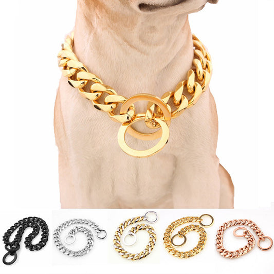 KFX-8117949 Two-tone Polished Gold Titanium Steel Dog Collar - Durable, Stylish Design, Various Sizes Available