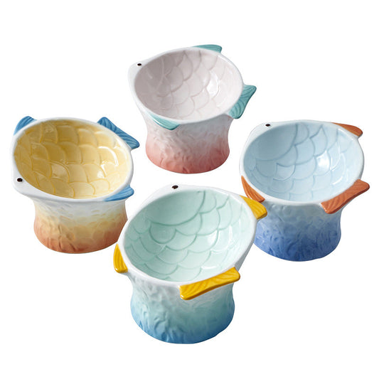 KFX-8119229 Elevated Ceramic Cat Feeder Bowl - Fish Shape with 15° Tilt for Comfortable Eating and Whisker Fatigue Relief