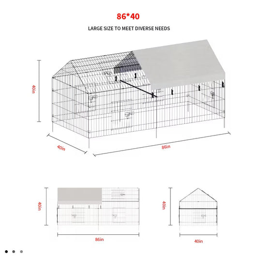 KFX-8152381 Pointed Wire Chicken Coop for Poultry Breeding, Metal and Fabric Structure, 86 x 40 x 40 Inches