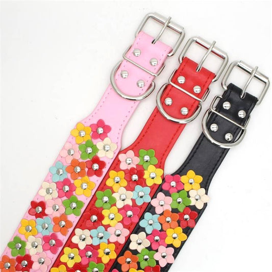 KFX-8156477 Three Rows of Flowers PU Large Dog Collar in Multiple Colors