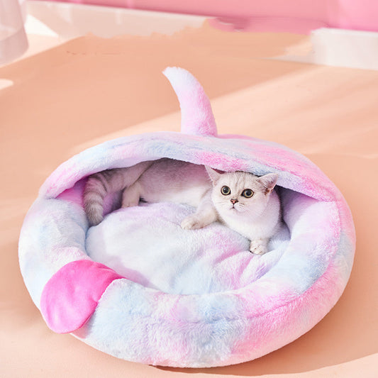 KFX-8158525 Cozy Plush Enclosed Cat Bed for Warm Winter Sleep - Simple Stylish Design, Unicorn Claw Features, Pink & Blue