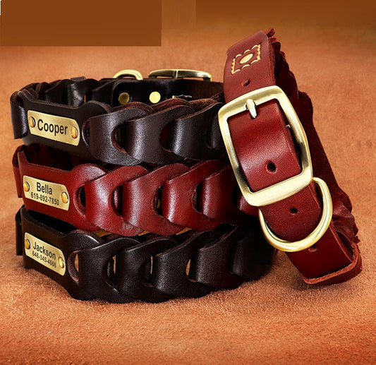 KFX-8171837 Braided Leather Dog Collar for Medium to Large Dogs - Dark Brown & Vermilion Cowhide Design