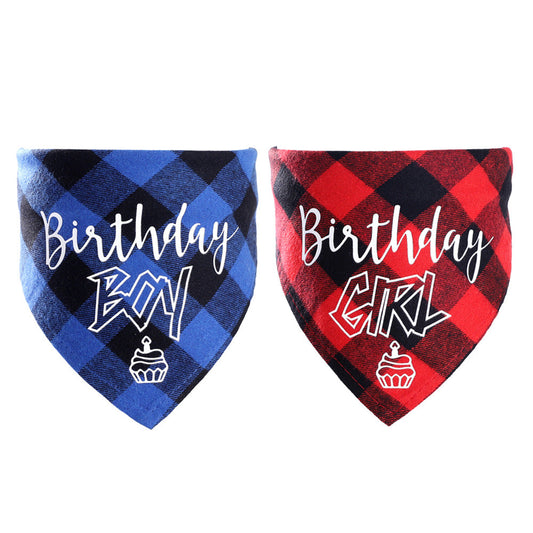 KFX-8173373 Pet Birthday Triangle Scarf Cotton Plaid for Dogs and Cats, Neck Size 20-42cm, Red and Blue