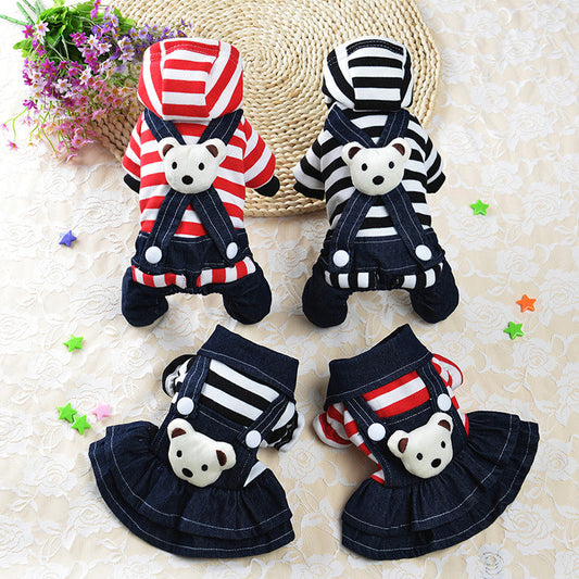 KFX-8201149 Cute Denim Dog Suspenders with Striped Bear Design and Four-Legged Trousers