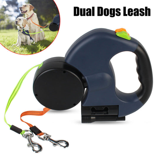 KFX-8208317 Retractable Dual Dog Leash with 360-Degree Swivel, Reflective Handle, and Built-in Light for Small Dogs