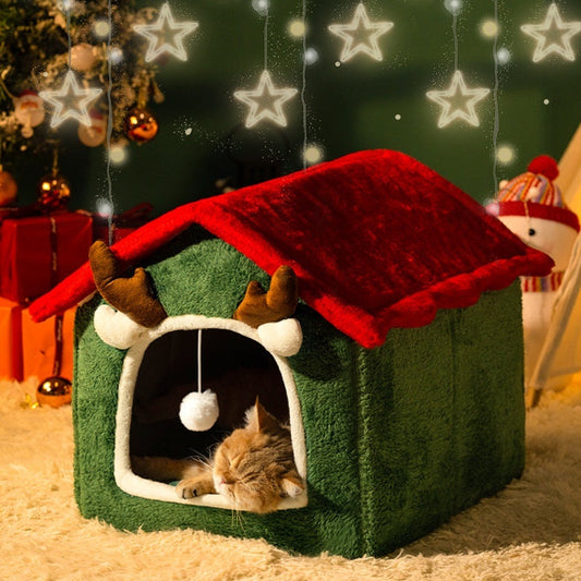 KFX-8212541 Universal Winter Cat Bed – Removable & Washable Pet Nest in Red Elk Design, Suitable for Cats & Small Dogs