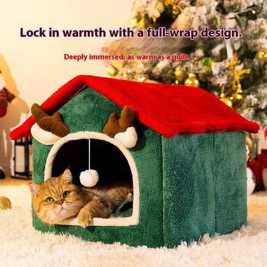 KFX-8212541 Universal Winter Cat Bed – Removable & Washable Pet Nest in Red Elk Design, Suitable for Cats & Small Dogs