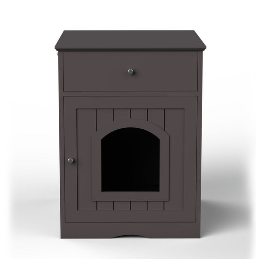 KFX-8223677 Wooden Cat Litter Box Enclosure with Drawer and Side Table - Indoor Pet Crate (Brown)