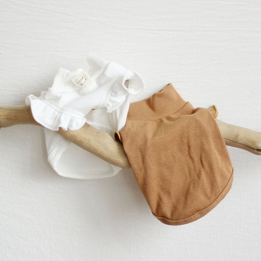 KFX-8227389 Cartoon Suspender Skirt Dress for Small Dogs, Cotton Fabric, Brown and White Options, Sizes XXS to XL