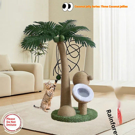 KFX-8229053 Tropical Rainforest Cat Climbing Frame - Wooden Coconut Tree Design, Green & Amber, 40x40x72 cm
