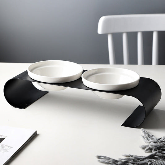 KFX-8231613 Double Bowl Dog Bowl Set with Iron Frame and Ceramic Bowls for Cats
