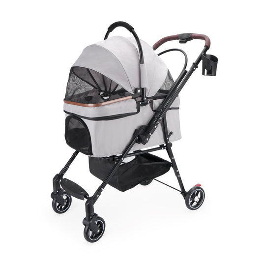 KFX-8264765 Foldable 4-Wheel Pet Stroller with 360° Rotating Wheels, Detachable Carrier, and Travel Bag for Small Dogs and Cats