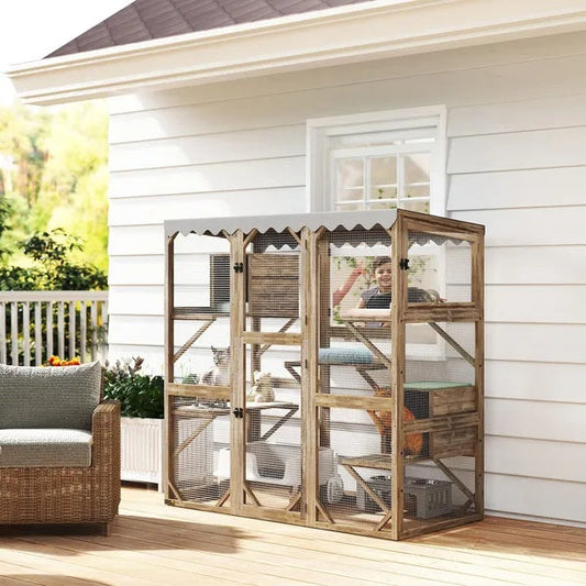 KFX-8289213 Expandable Outdoor Cat Enclosure with Multi-Level Platforms and Waterproof Roof for Multiple Cats