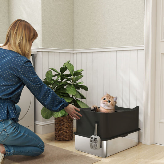 KFX-8302525 Extra Large Enclosed Stainless Steel Cat Litter Box with Scoop and Non-Slip Pads - Top Entry Design, Black