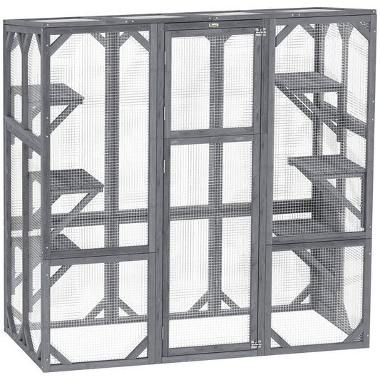 KFX-8316221 Outdoor Wooden Catio with 6 Jumping Platforms and Weatherproof Roof for Cats, 59 X 28 X 60 Inches, Gray