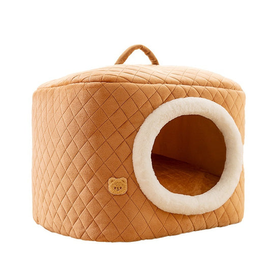 KFX-8328125 Universal Removable and Washable Winter Doghouse in Brown, Yellow, and Blue - Cozy Two-Way Quilting Design for Small to Large Dogs