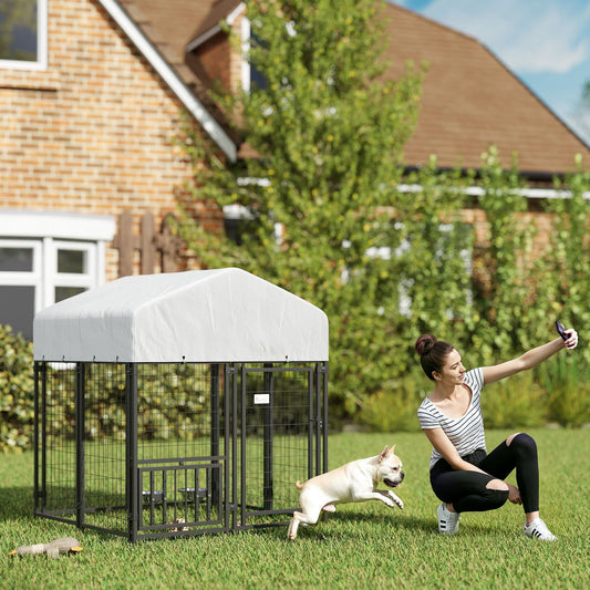 KFX-8348989 Outdoor Dog Kennel with Adjustable Bowl Racks and Waterproof Cover, 3.9' x 3.9' x 4.5'