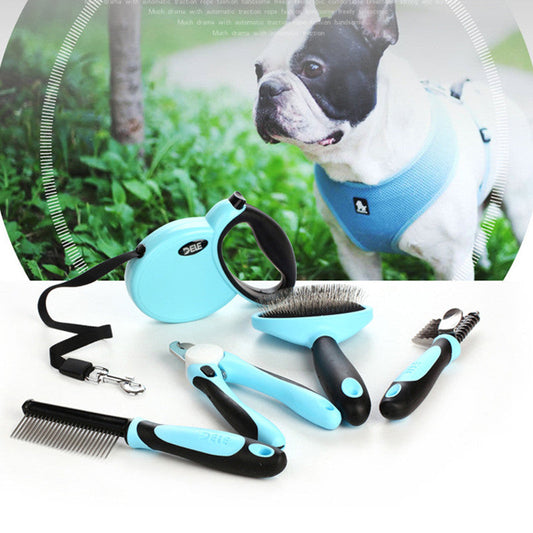KFX-8350909 Complete Pet Grooming Kit with Nail Clippers, Traction Rope, and Combs in Blue and Pink