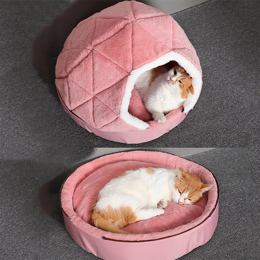 KFX-8382909 Cotton Semi-Enclosed Tent Bed for Small Pets in Brown and Pink - Hand Washable