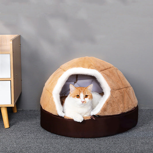 KFX-8382909 Cotton Semi-Enclosed Tent Bed for Small Pets in Brown and Pink - Hand Washable