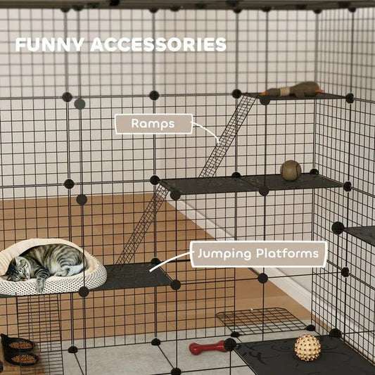 KFX-8387517 55-Inch Detachable Indoor Cat Cage with Multi-Level Platforms, Ramps, and Accessory Options for 1-3 Cats