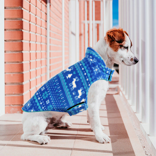 KFX-8397757 Double-Sided Christmas Polar Fleece Dog Jacket in Blue and Red, Sizes XS to XXL