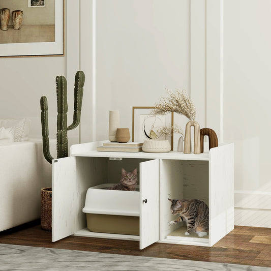 KFX-8400829 Cat Litter Box Enclosure with Scratching Mat and Side Entry - Distressed White, Fits Most Litter Boxes Up to 20.5" L
