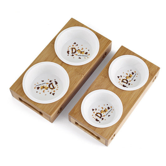 KFX-8405309 Double Bowl Cat Feeding Station with Bamboo Frame and Stainless Steel Bowls