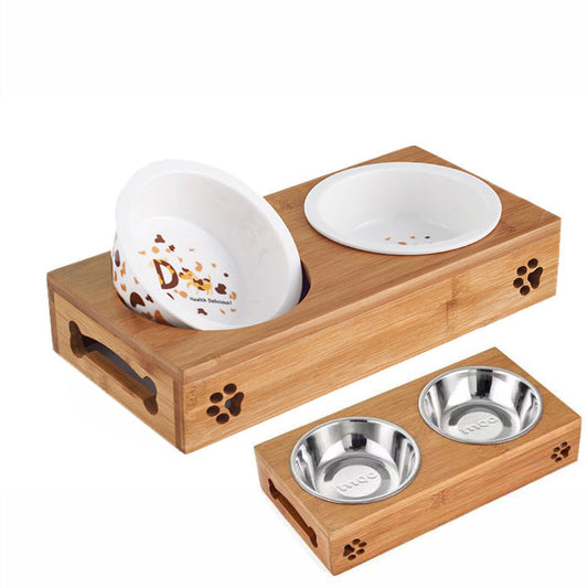 KFX-8405309 Double Bowl Cat Feeding Station with Bamboo Frame and Stainless Steel Bowls