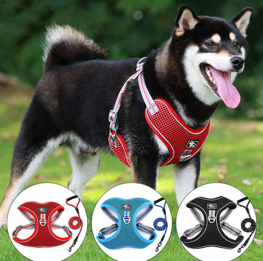 KFX-8410173 Reflective Breathable Chest Strap for Large Dogs with Traction Rope - Black, Red, Sky Blue Options Available